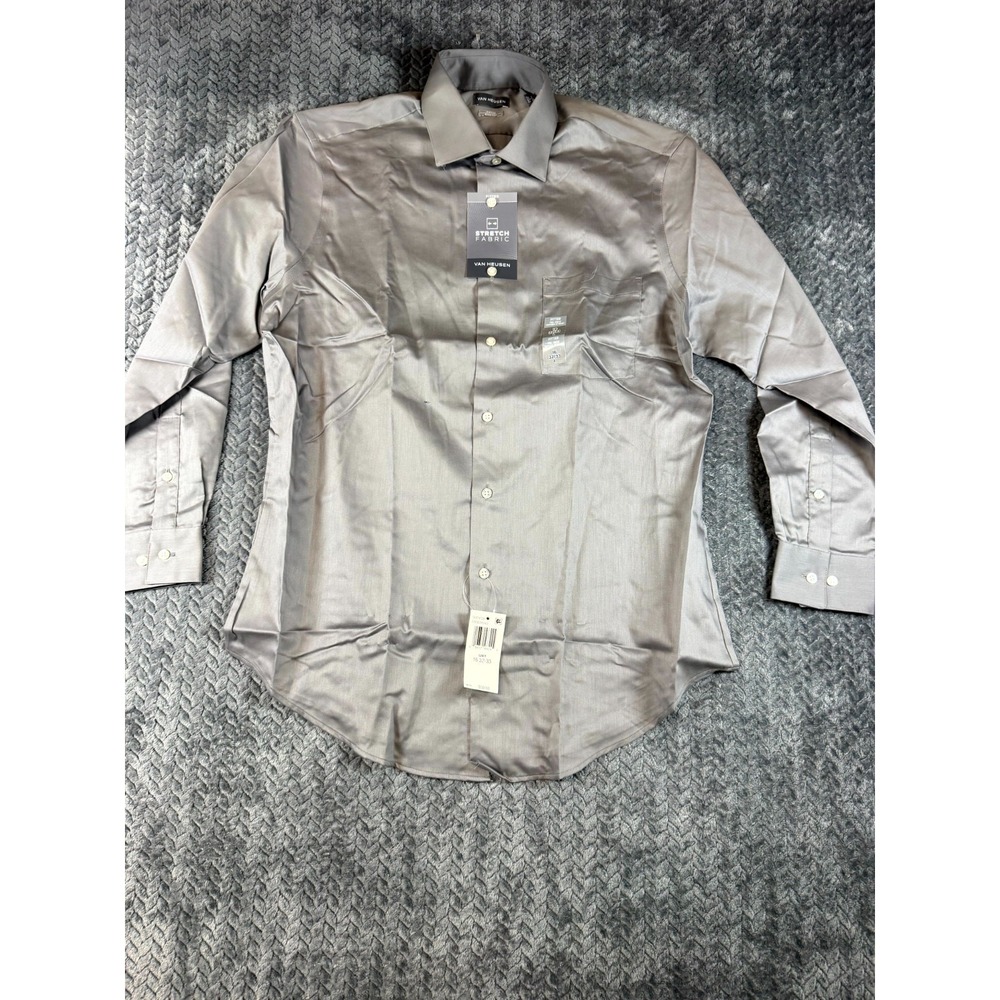 Van Heusen Fitted Stretch Dress Shirt Mens Large 16 32/33 Gray Business Formal